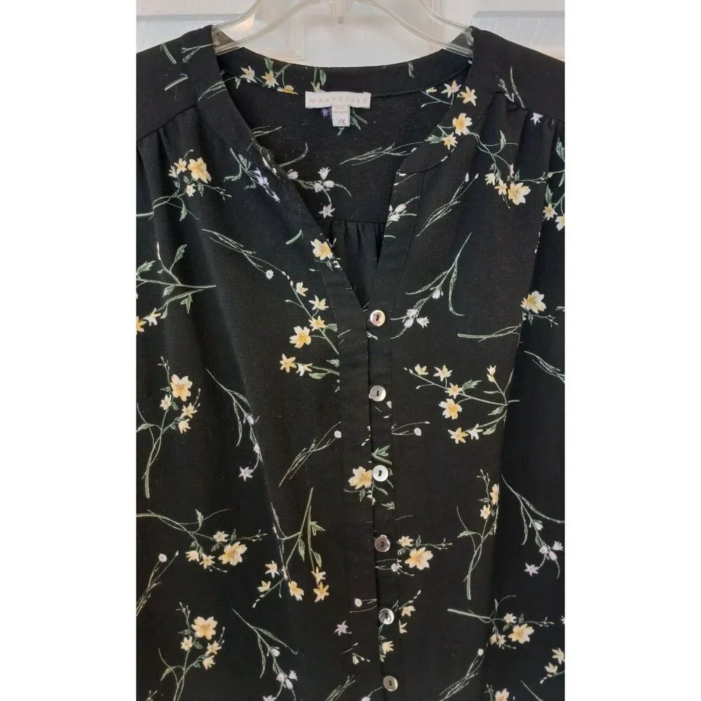 Marybelle Blouse Womens 2X Sheer Black Floral Abalone Button Career Top #D-17 - Picture 9 of 9